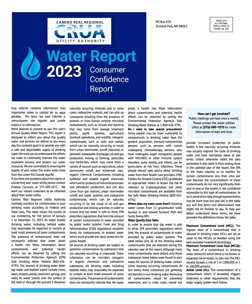 Reporte de Calidad del Agua 2023 de CRRUA